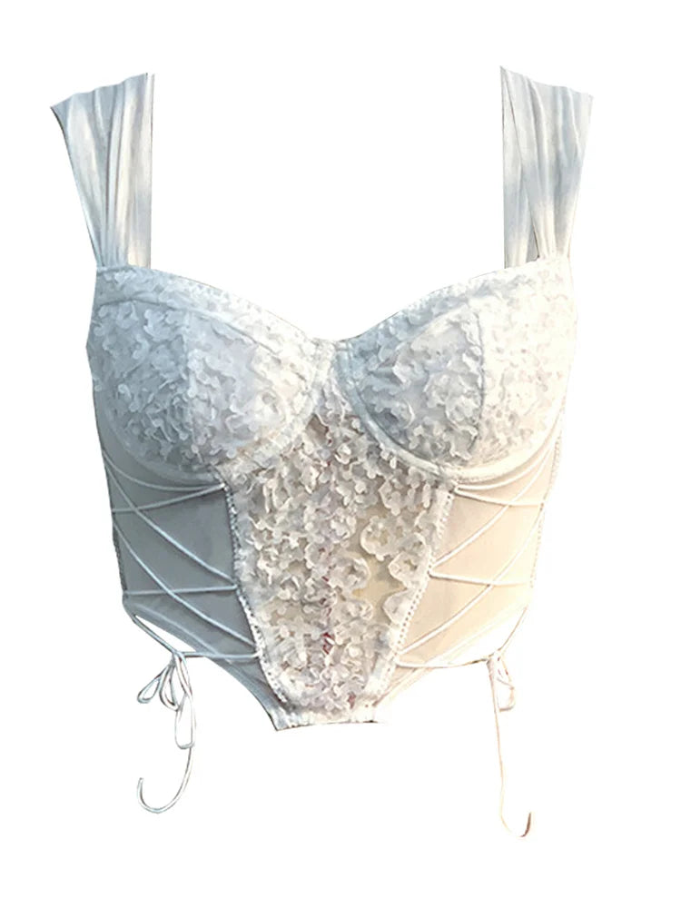 Bustiers Corsets Push Up Floral Embroidery Mesh See Through Camisole Y2K Spaghetti Strap Slim Tops Crop Top