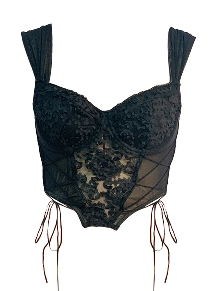 Bustiers Corsets Push Up Floral Embroidery Mesh See Through Camisole Y2K Spaghetti Strap Slim Tops Crop Top