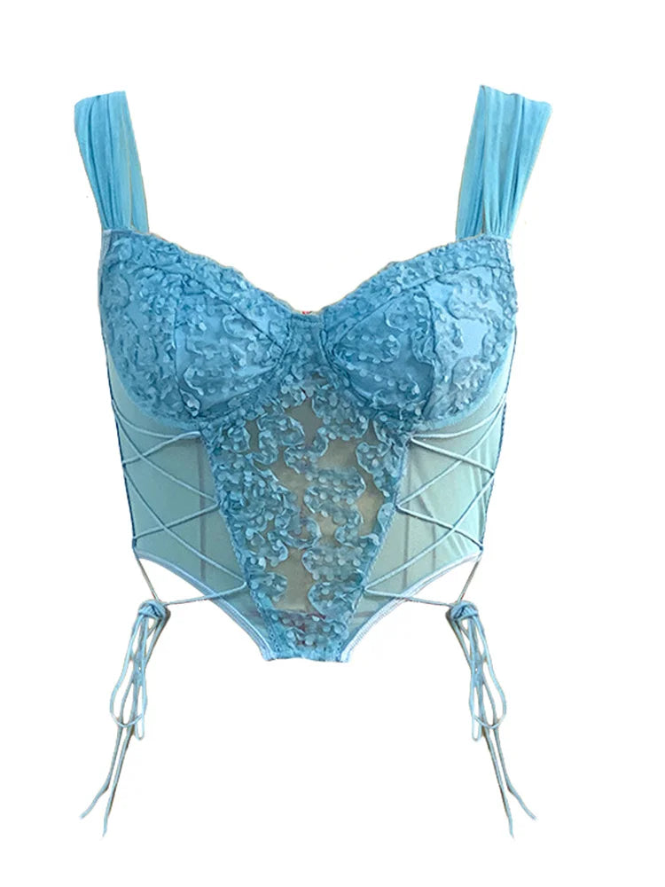 Bustiers Corsets Push Up Floral Embroidery Mesh See Through Camisole Y2K Spaghetti Strap Slim Tops Crop Top
