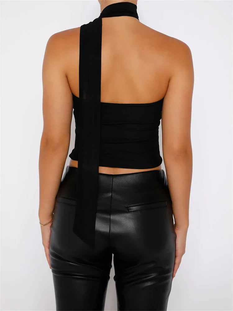 Y2K Tube Ruffles Halter Lace-up Off Shoulder Backless Cropped Fairy Retro Vests Streetwear Crop Top