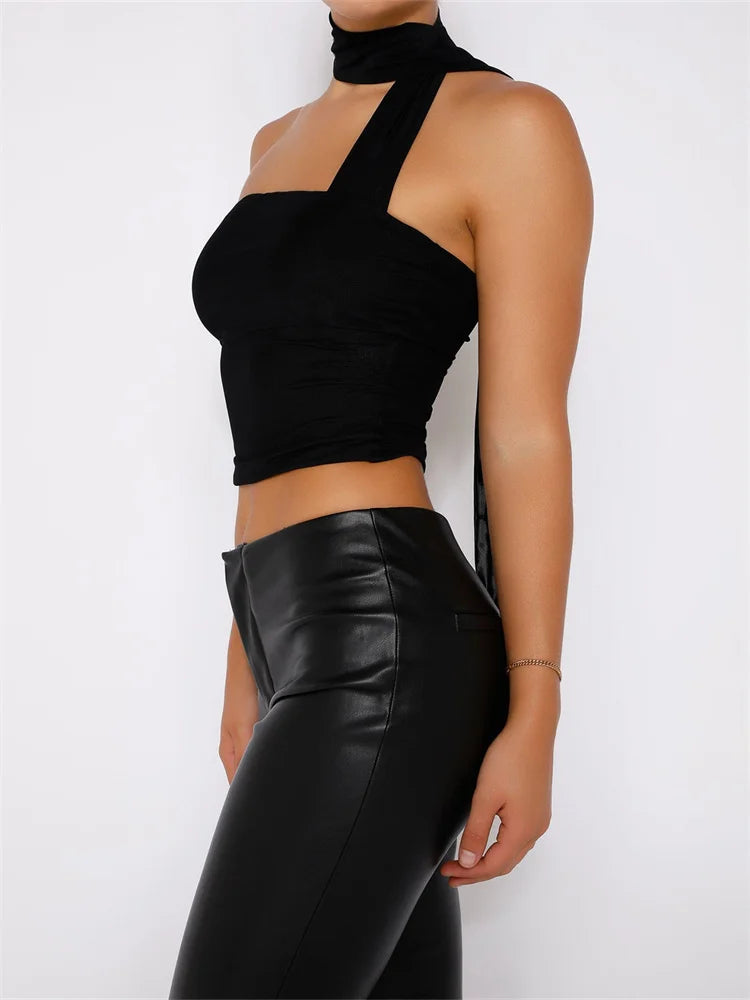 Y2K Tube Ruffles Halter Lace-up Off Shoulder Backless Cropped Fairy Retro Vests Streetwear Crop Top