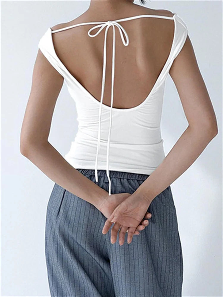 Solid Off Shoulder Backless Tie-Up Summer Casual Top Streetwear T-shirts