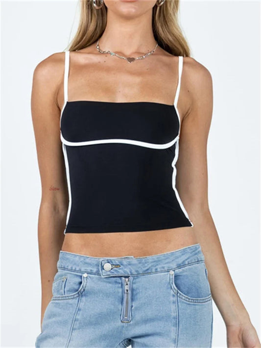 Sleeveless Spaghetti Strap Square Neck Contrast Color Slim Fit Basic Black Mini Vest Crop Top