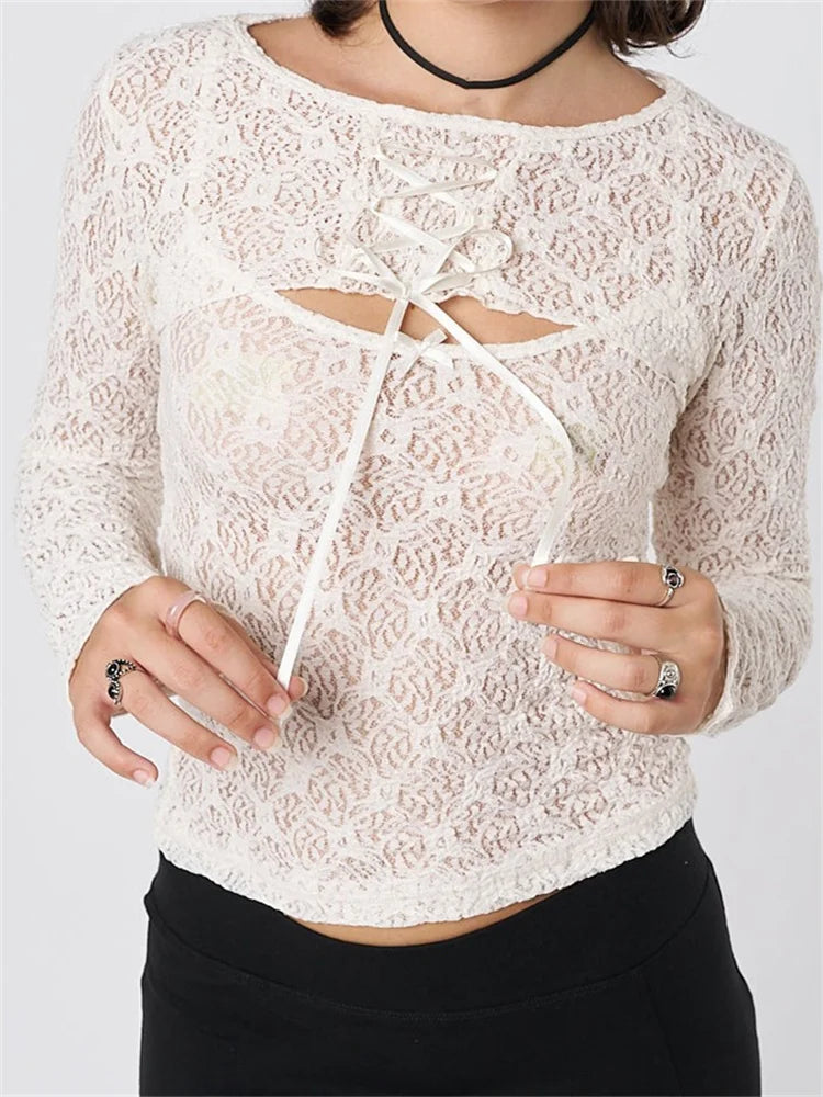 Sleeveless Strap Lace Mesh Round Neck See Through Mini Vest With Long Sleeve Tie-up Shrugs Crop Top