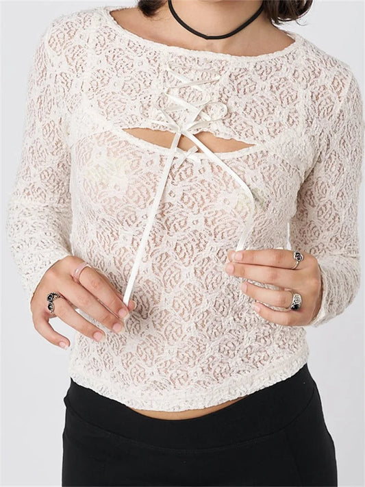 Sleeveless Strap Lace Mesh Round Neck See Through Mini Vest With Long Sleeve Tie-up Shrugs Crop Top