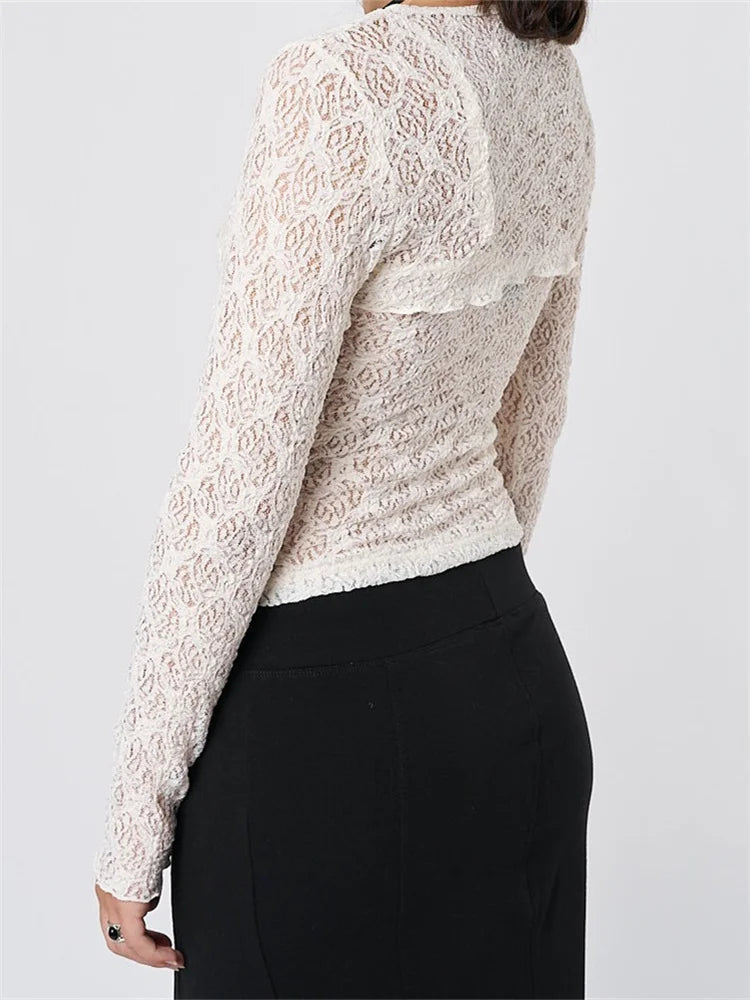 Sleeveless Strap Lace Mesh Round Neck See Through Mini Vest With Long Sleeve Tie-up Shrugs Crop Top