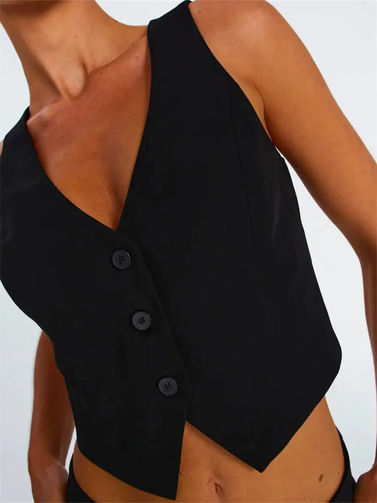 Sleeveless Vest Buttons Down Slim Fit Solid Color V-Neck Cropped Y2K Casual Irregular Hem Streetwear Crop Top