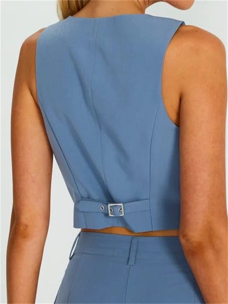 Sleeveless Vest Buttons Down Slim Fit Solid Color V-Neck Cropped Y2K Casual Irregular Hem Streetwear Crop Top