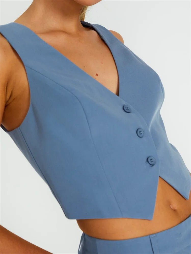 Sleeveless Vest Buttons Down Slim Fit Solid Color V-Neck Cropped Y2K Casual Irregular Hem Streetwear Crop Top