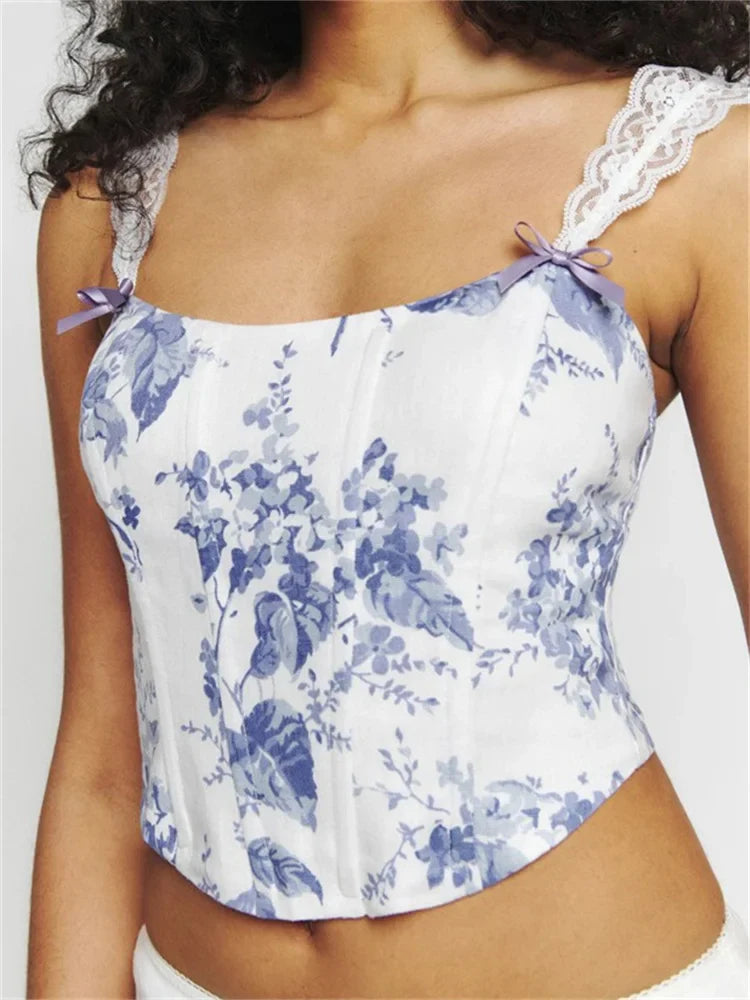 Slim Lace Strap Mini Vest Plaid/Floral Print Exposed Navel Cropped Summer Party Streetwear Crop Top