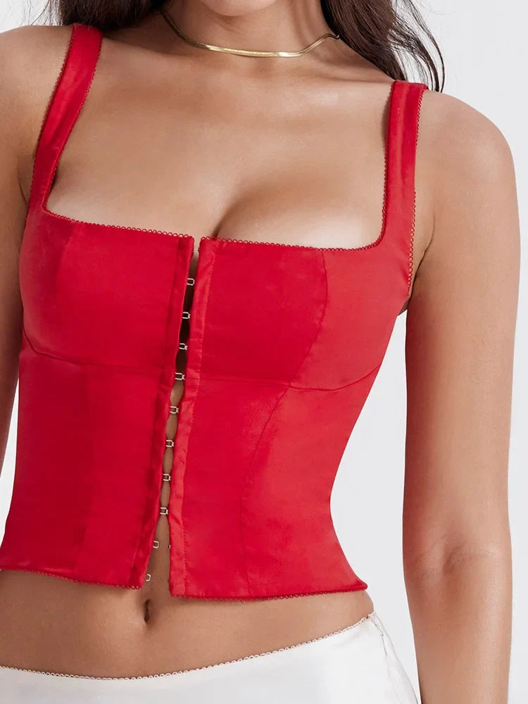 Solid Color Fashion Sleeveless Square Neck Front Buttons Up Summer Mini Vest New Crop Top