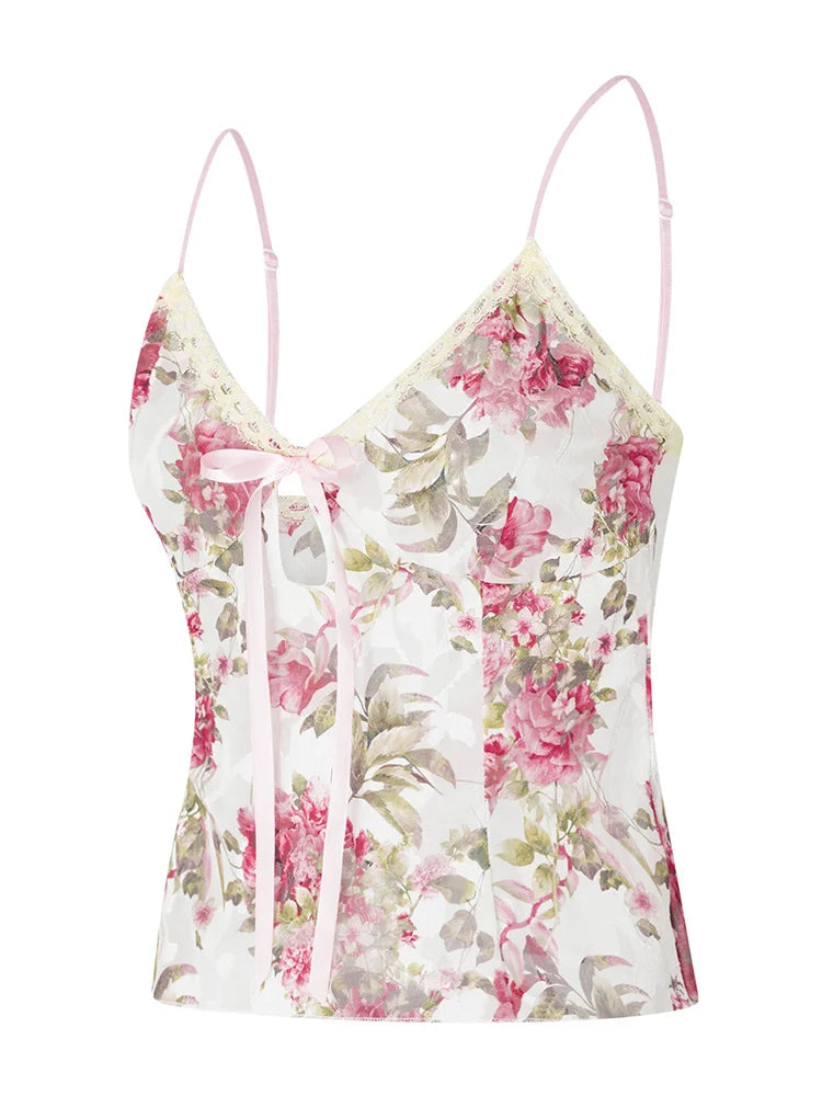 Spaghetti Strap Top Floral Print V-neck Front Split Tie-Up Sleeveless Summer Slim Fit Mini Vest Crop Top
