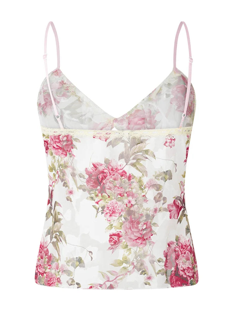 Spaghetti Strap Top Floral Print V-neck Front Split Tie-Up Sleeveless Summer Slim Fit Mini Vest Crop Top