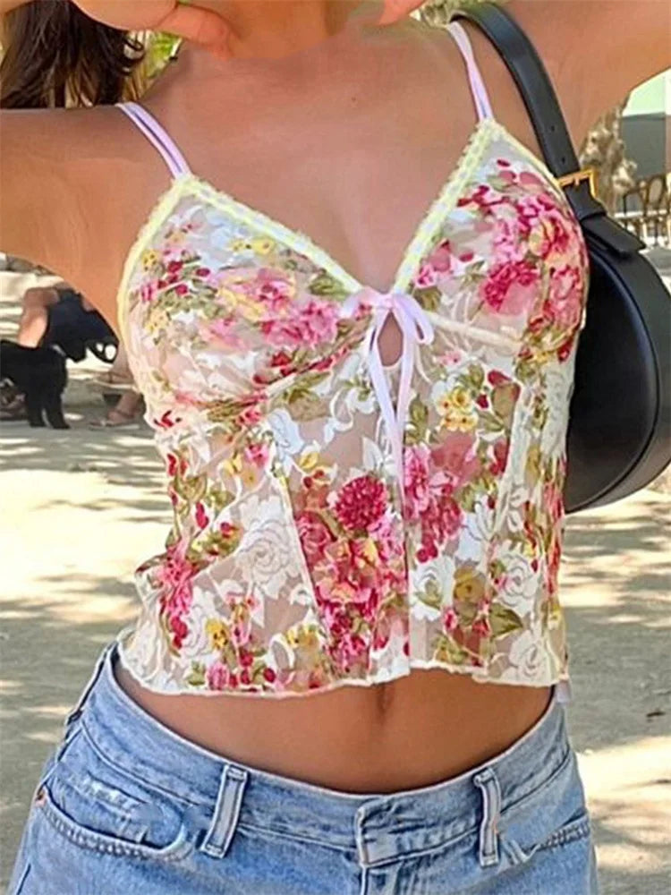 Spaghetti Strap Top Floral Print V-neck Front Split Tie-Up Sleeveless Summer Slim Fit Mini Vest Crop Top