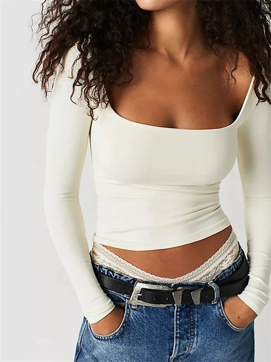 Square Neck Slim Fit Casual Female Basic T-shirts