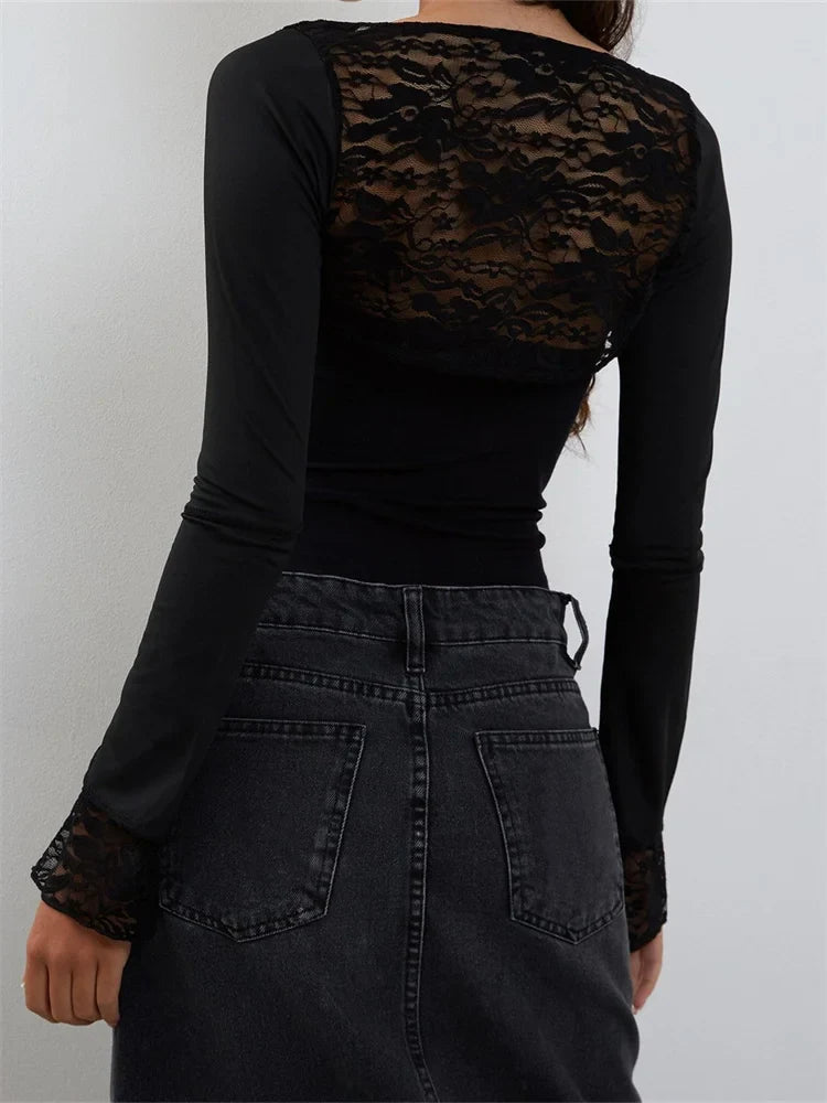 Strapless Off Shoulder Black Tube Cropped Summer Party Clubwear with Long Sleeve Lace See Through T-shirts Crop Top