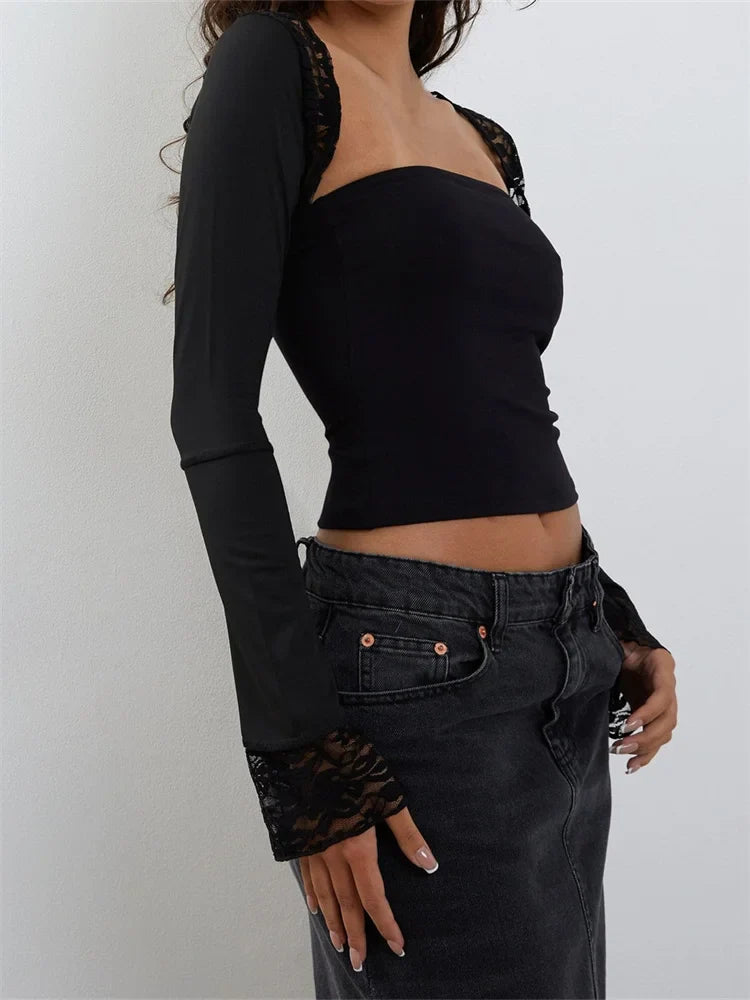 Strapless Off Shoulder Black Tube Cropped Summer Party Clubwear with Long Sleeve Lace See Through T-shirts Crop Top
