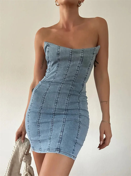 Denim Off Shoulder Slim Pencil Mini Dresses
