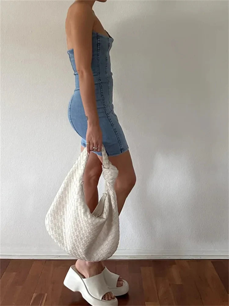 Denim Off Shoulder Slim Pencil Mini Dresses