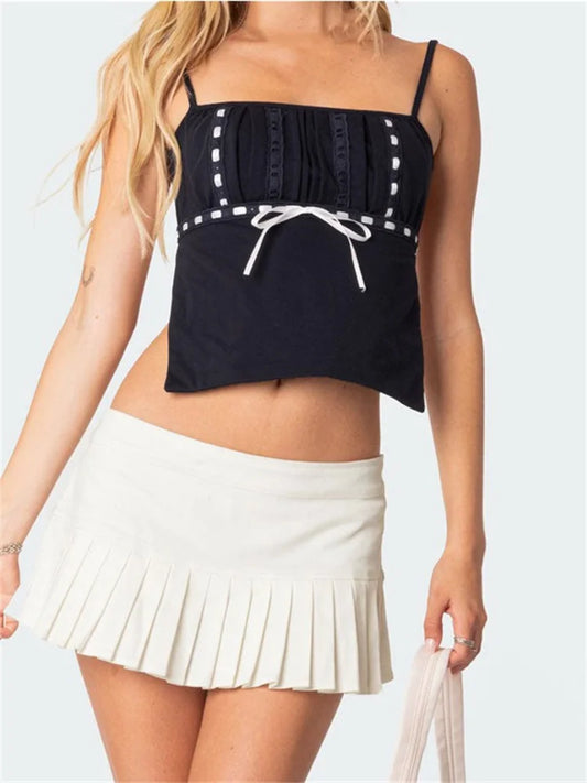 Summer Backless Spaghetti Strap Sleeveless Square Neck Lace Trim Mini Vest Streetwear Crop Top