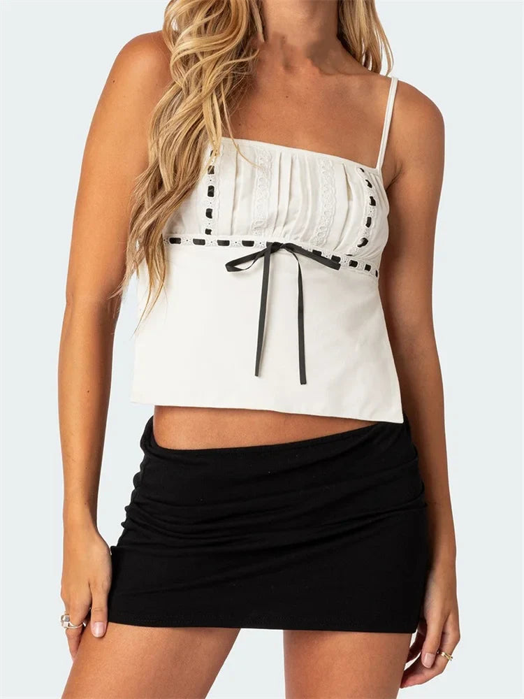 Summer Backless Spaghetti Strap Sleeveless Square Neck Lace Trim Mini Vest Streetwear Crop Top