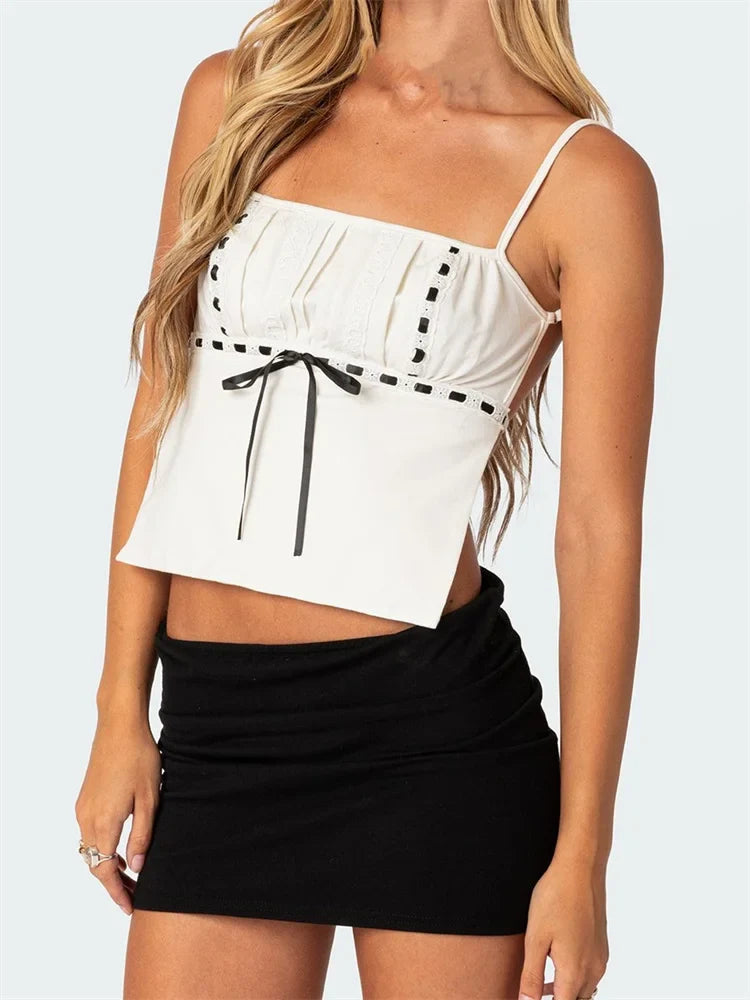 Summer Backless Spaghetti Strap Sleeveless Square Neck Lace Trim Mini Vest Streetwear Crop Top