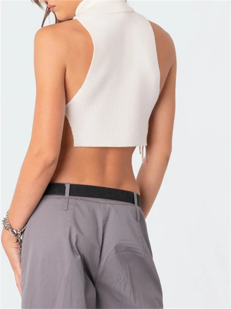 Summer Knitted Slim Vest Solid Ribbed Sleeveless High Neck Side Tie-Up Exposed Navel Streetwear Crop Top