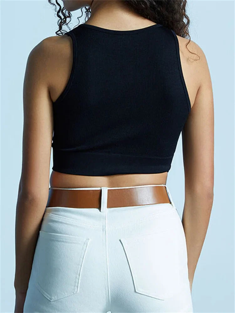 Summer Ribbed Casual Solid Color V-neck Sleeveless Slim Fit Mini Vest Streetwear Club Crop Top