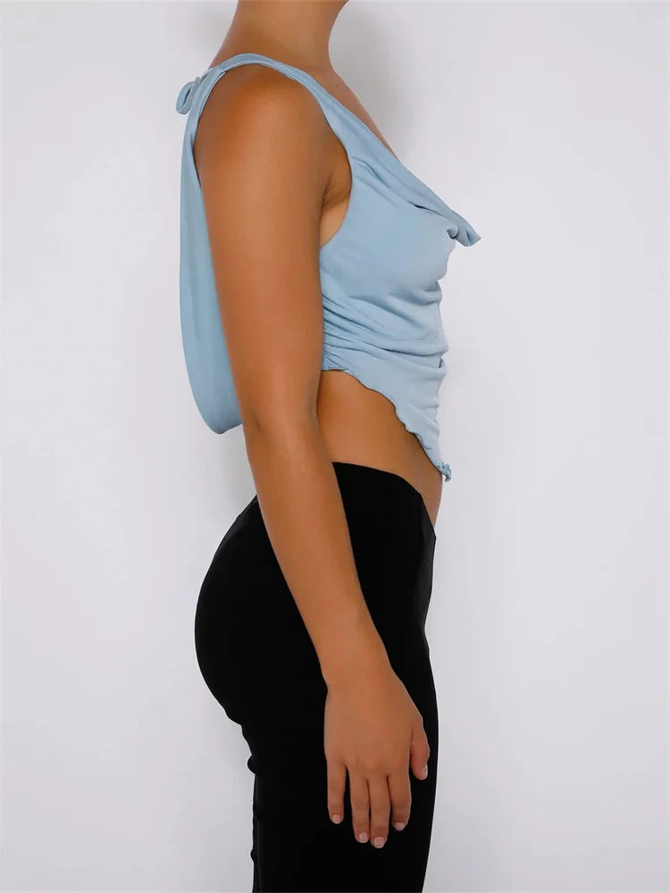 Vintage Low Cut Ruched Sleeveless Strap Slim Fit Backless Lace-up Y2K Streetwear New Crop Top