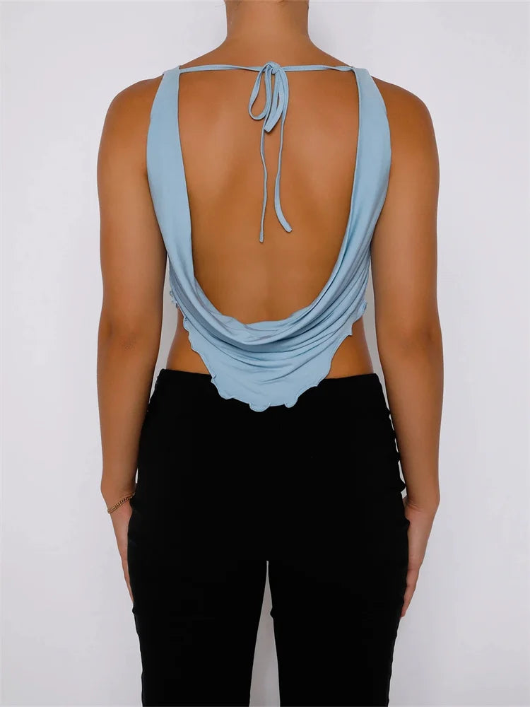 Vintage Low Cut Ruched Sleeveless Strap Slim Fit Backless Lace-up Y2K Streetwear New Crop Top