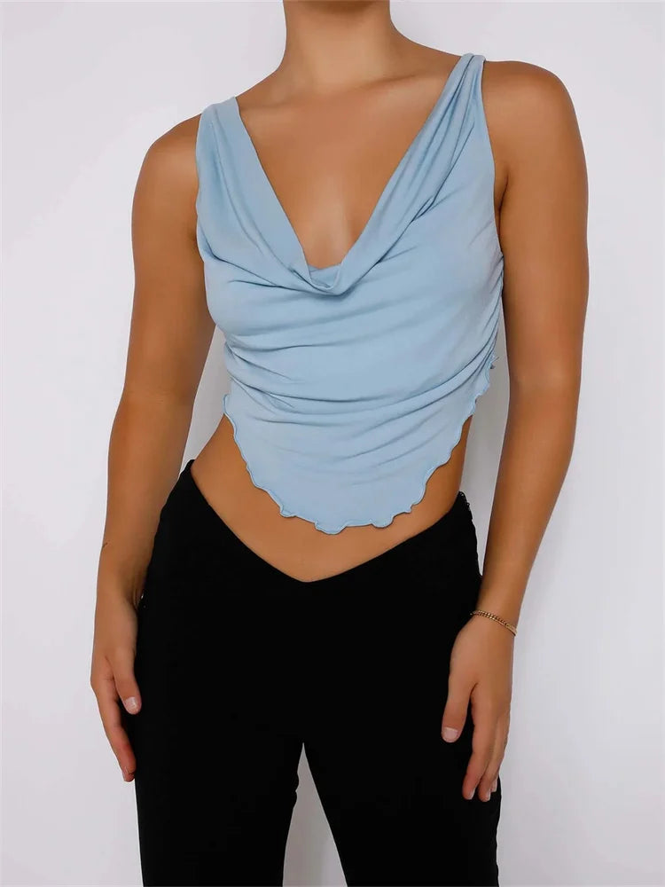 Vintage Low Cut Ruched Sleeveless Strap Slim Fit Backless Lace-up Y2K Streetwear New Crop Top