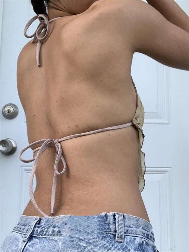 Y2K Backless Floral Retro Halter Tie Up Off Shoulder Summer Cute Mini Vest Streetwear Crop Top