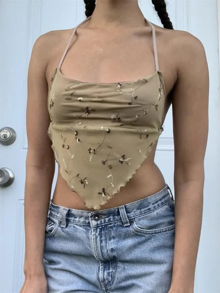 Y2K Backless Floral Retro Halter Tie Up Off Shoulder Summer Cute Mini Vest Streetwear Crop Top