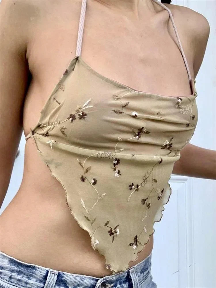 Y2K Backless Floral Retro Halter Tie Up Off Shoulder Summer Cute Mini Vest Streetwear Crop Top