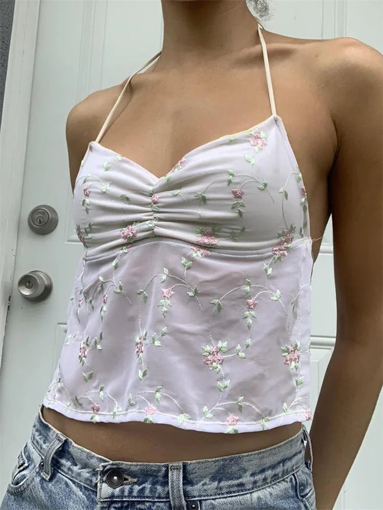 Backless Floral Vintage Halter Tie Up Off Shoulder Camisole Cute Mini Streetwear Crop Top