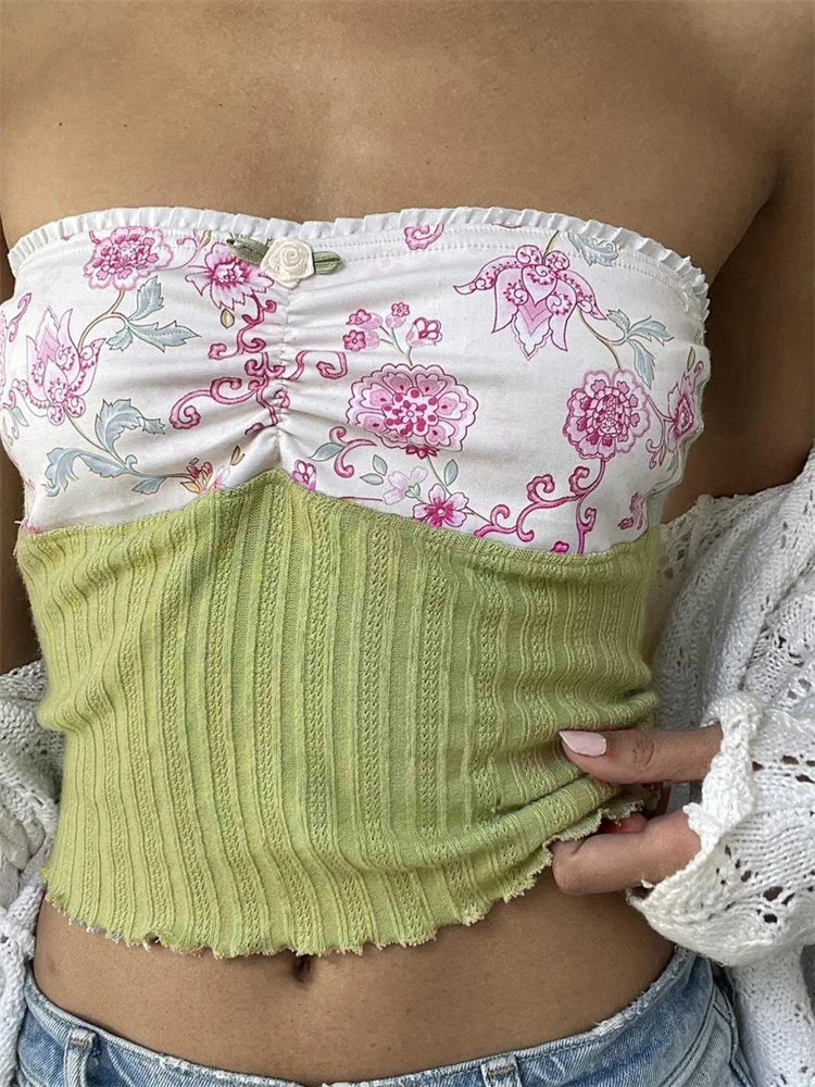 Y2K Strapless Tube Fairy Grunge Summer Knitted Floral Print Patchwork Vest Streetwear Crop Top