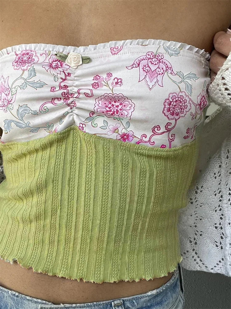 Y2K Strapless Tube Fairy Grunge Summer Knitted Floral Print Patchwork Vest Streetwear Crop Top