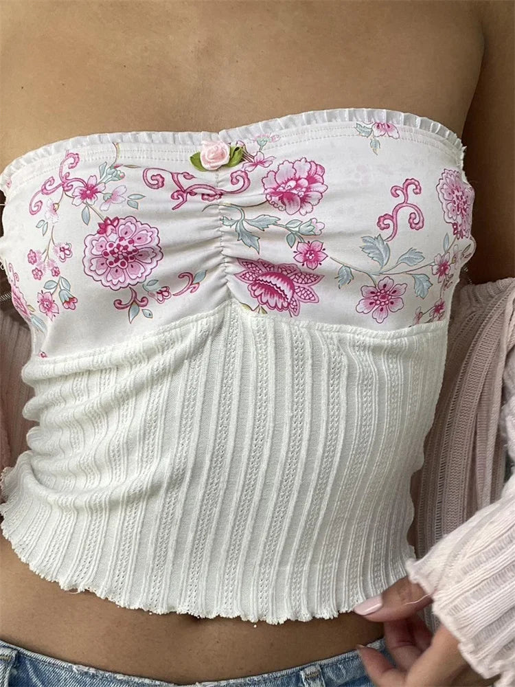 Y2K Strapless Tube Fairy Grunge Summer Knitted Floral Print Patchwork Vest Streetwear Crop Top