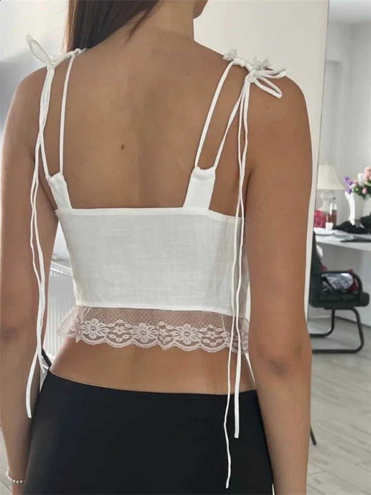 Y2K Sleeveless Spaghetti Strap Top Lace Patchwork Front Tie-up Summer Mini Vest Streetwear Crop Top