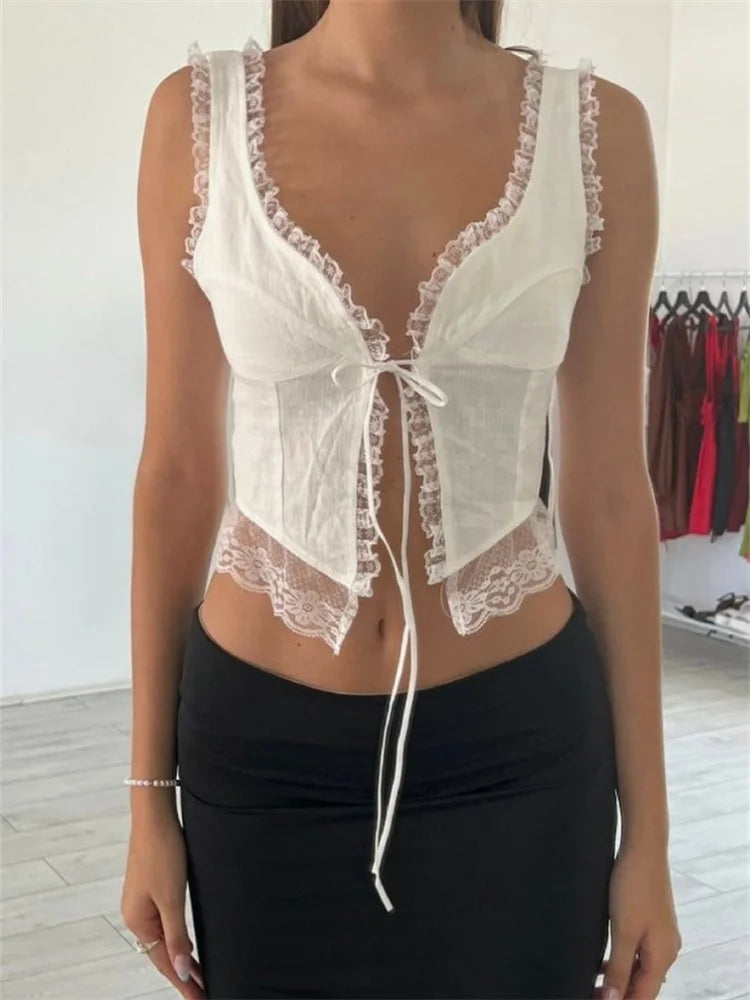 Y2K Sleeveless Spaghetti Strap Top Lace Patchwork Front Tie-up Summer Mini Vest Streetwear Crop Top