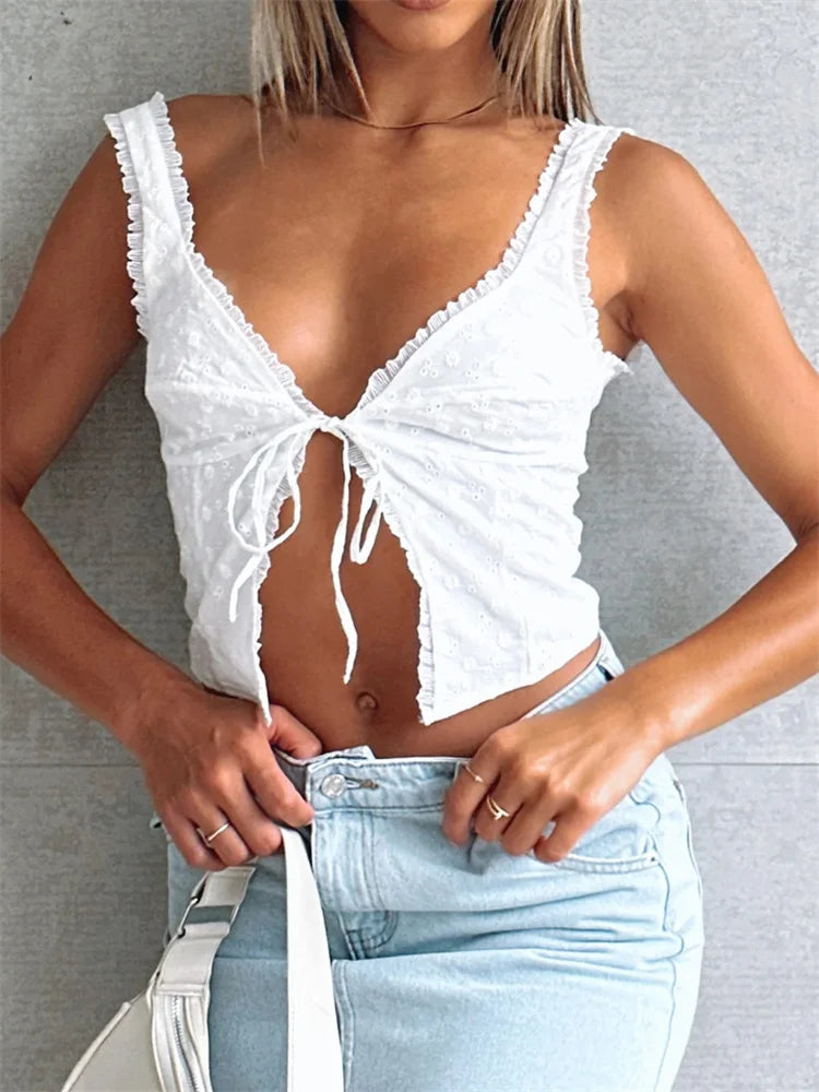 Y2K V-neck Lace Patchwork Retro Vest Sleeveless Spaghetti Strap Lace-up Front Split Crop Top