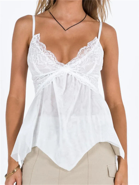 Y2K Retro Lace Sleeveless Strap for V-neck Mesh See Through Patchwork Irregular Hem Vests Crop Top