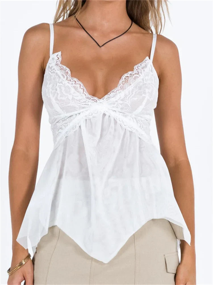 Y2K Retro Lace Sleeveless Strap for V-neck Mesh See Through Patchwork Irregular Hem Vests Crop Top