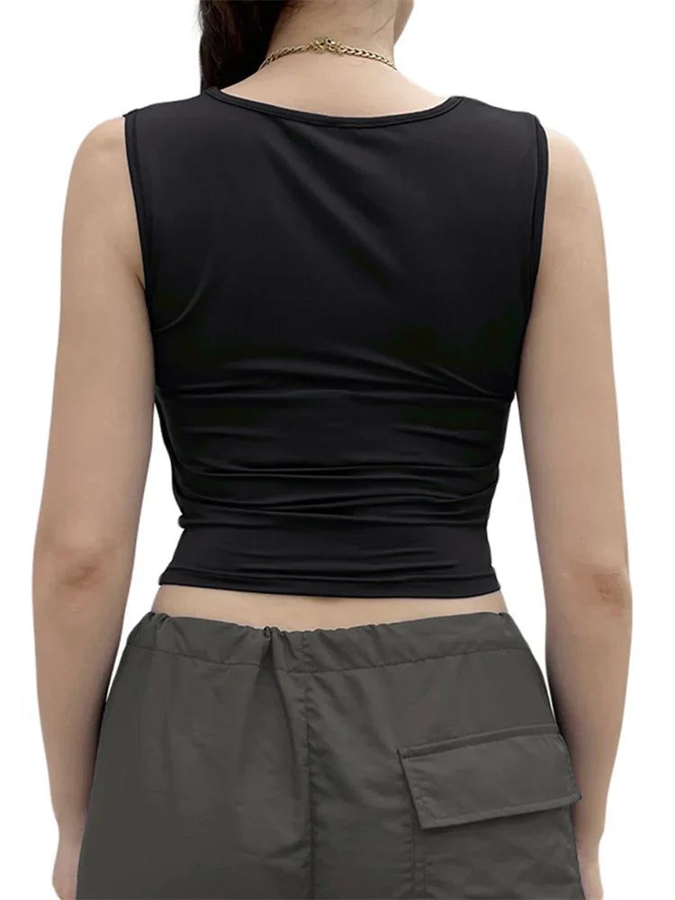 Y2K Summer Vest Square Neck Sleeveless Solid Slim Fit Cropped Black Vintage Clothes Crop Top