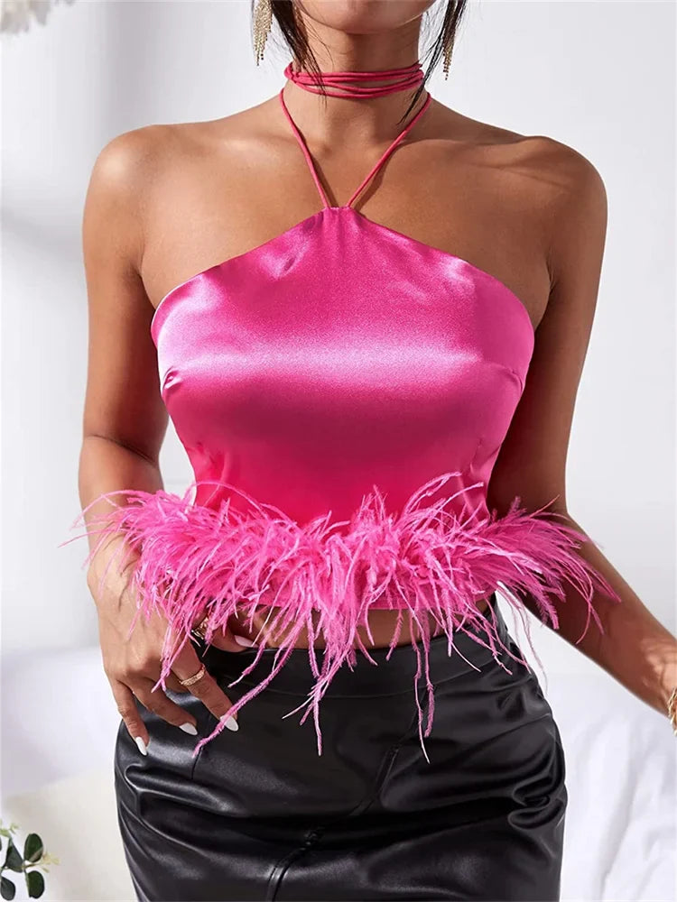 Y2K Vest Sleeveless Off Shoulder Halter Tie-up Backless Feather Patchwork Summer Tube Club Party Tank Crop Top