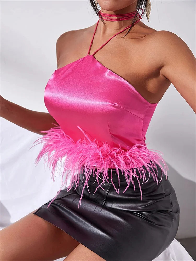 Y2K Vest Sleeveless Off Shoulder Halter Tie-up Backless Feather Patchwork Summer Tube Club Party Tank Crop Top