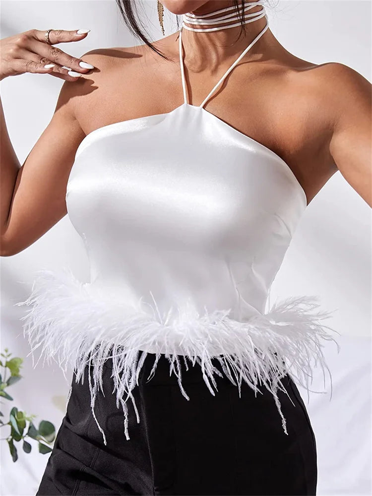 Y2K Vest Sleeveless Off Shoulder Halter Tie-up Backless Feather Patchwork Summer Tube Club Party Tank Crop Top
