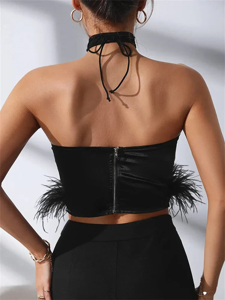 Y2K Vest Sleeveless Off Shoulder Halter Tie-up Backless Feather Patchwork Summer Tube Club Party Tank Crop Top