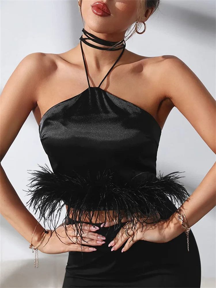 Y2K Vest Sleeveless Off Shoulder Halter Tie-up Backless Feather Patchwork Summer Tube Club Party Tank Crop Top