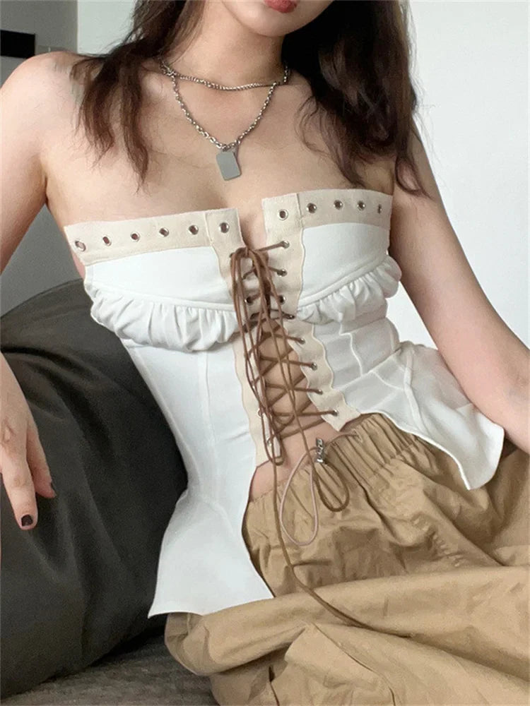Y2K Strapless Off Shoulder Tube Cropped Summer Clubwear Front Hollow Out Criss-cross Tie-up for Vest Crop Top
